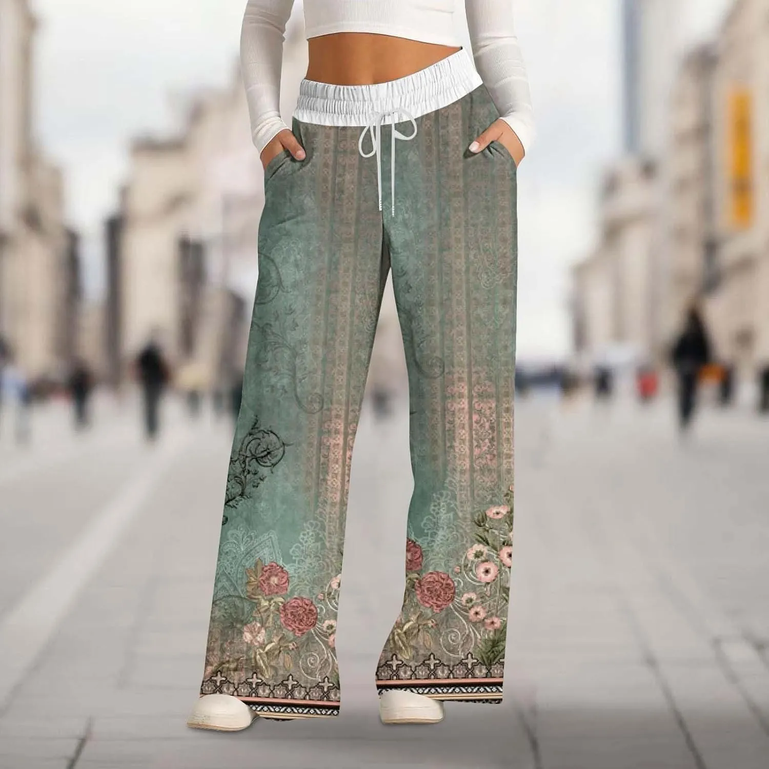 Wide Leg Baggy Pants Fashion Lacing Solid Color Waist Waist Wide Leg Casual Pants Fleece Joggers Womens Wide Leg