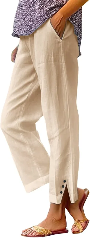 Wide Leg Pants Woman Solid Elastic Pants Long Drawstring Linen Women Waist Cotton Casual Womens Business Casual