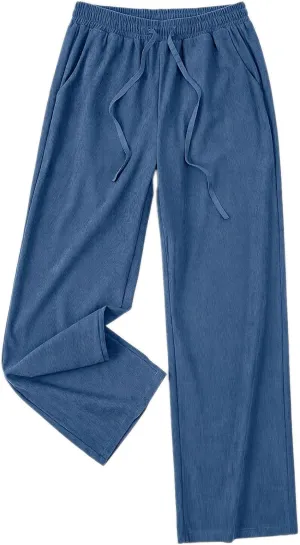Wide Leg Track Pants Women High Waisted Straight Leg Pants Loose Fit Casual Lounge Trouser Knitted Trendy Sweatpants