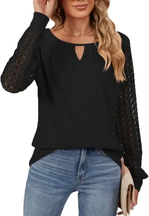 Women Autumn Winter Blouses, Solid Color Lace Patchwork Loose Long Sleeve Shirts, Lace Patchwork T-Shirt