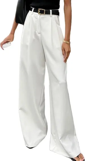 Women Casual Wide Leg Pants Button Down Straight Long Trousers Pants Elastic High Waist Dress Pants for Women White, Medium