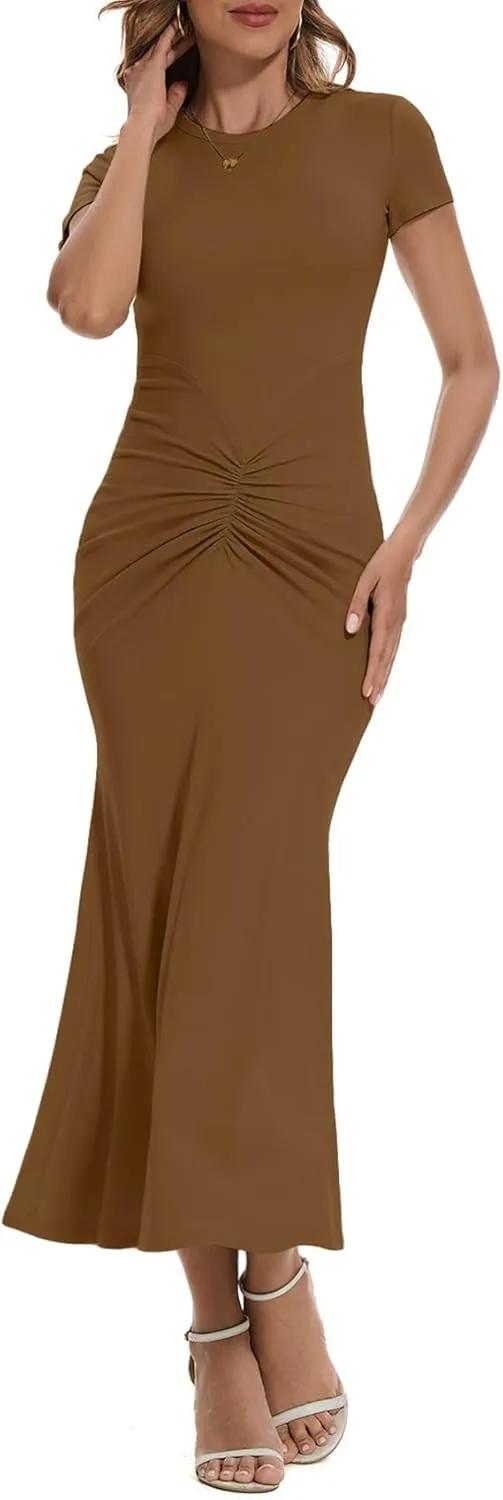 Women Crew Neck Ruched Bodycon Maxi Dress Summer Short Sleeve Knit Long Fishtail Cocktail Dress for Wedding Guest