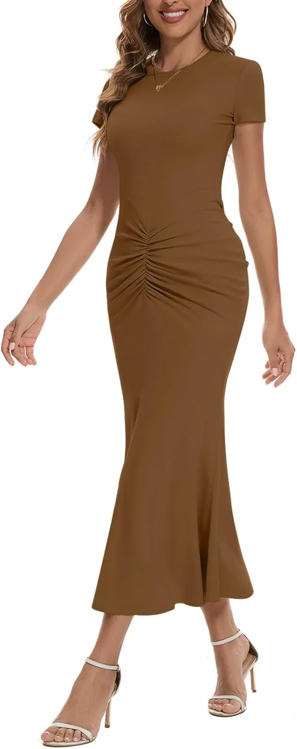Women Crew Neck Ruched Bodycon Maxi Dress Summer Short Sleeve Knit Long Fishtail Cocktail Dress for Wedding Guest