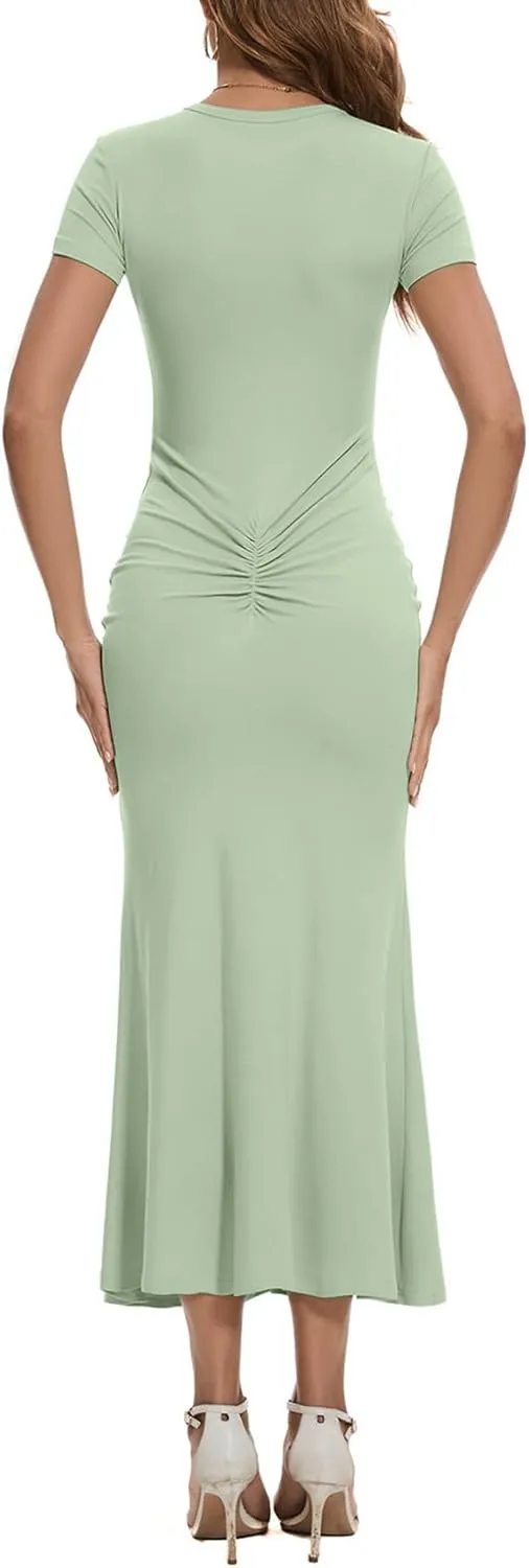 Women Crew Neck Ruched Bodycon Maxi Dress Summer Short Sleeve Knit Long Fishtail Cocktail Dress for Wedding Guest