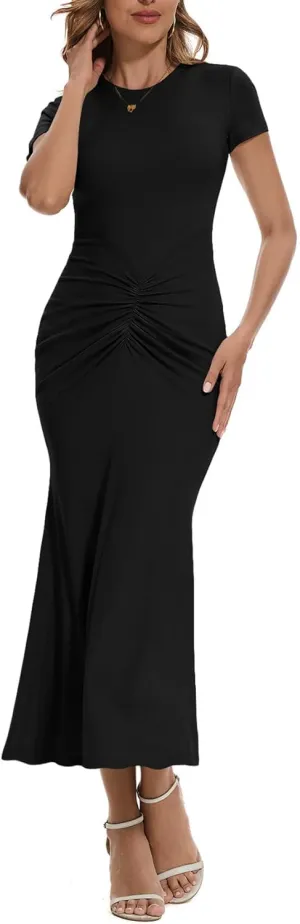 Women Crew Neck Ruched Bodycon Maxi Dress Summer Short Sleeve Knit Long Fishtail Cocktail Dress for Wedding Guest