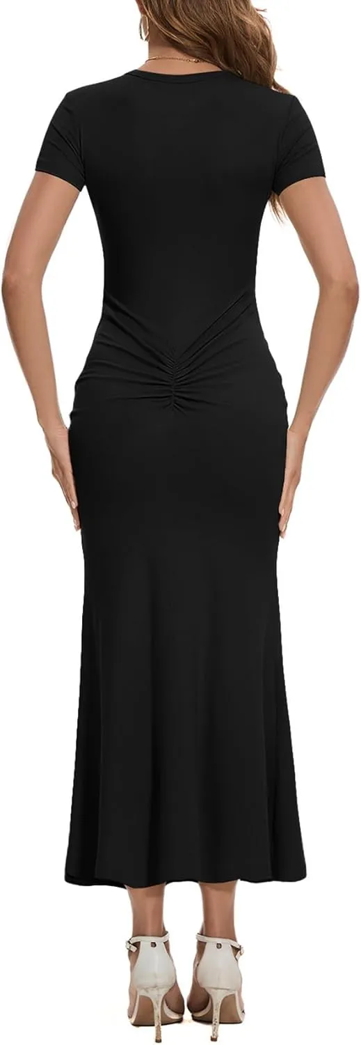 Women Crew Neck Ruched Bodycon Maxi Dress Summer Short Sleeve Knit Long Fishtail Cocktail Dress for Wedding Guest