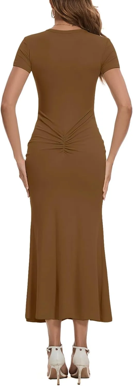 Women Crew Neck Ruched Bodycon Maxi Dress Summer Short Sleeve Knit Long Fishtail Cocktail Dress for Wedding Guest