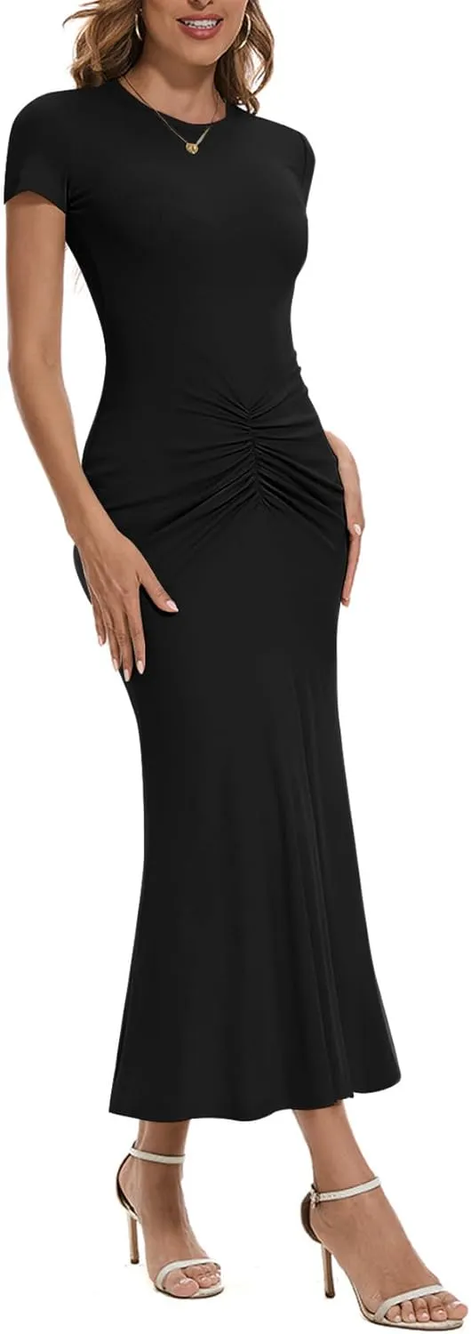 Women Crew Neck Ruched Bodycon Maxi Dress Summer Short Sleeve Knit Long Fishtail Cocktail Dress for Wedding Guest