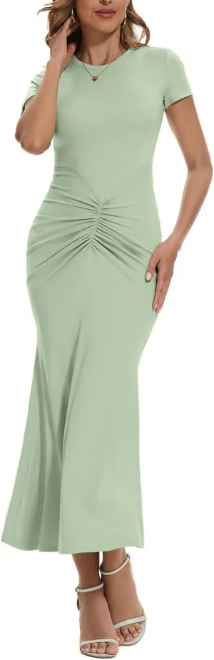 Women Crew Neck Ruched Bodycon Maxi Dress Summer Short Sleeve Knit Long Fishtail Cocktail Dress for Wedding Guest