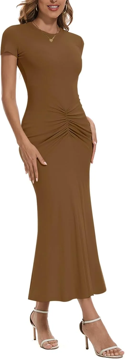 Women Crew Neck Ruched Bodycon Maxi Dress Summer Short Sleeve Knit Long Fishtail Cocktail Dress for Wedding Guest