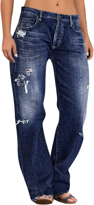 Women Distressed Straight Leg Jeans Boyfriend High Waited Baggy Sweatpants Y2K Streetwear Denim Pants with Pocket