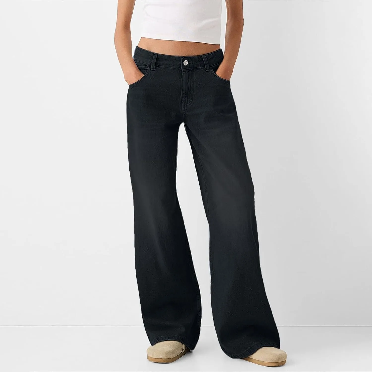 Women Distressed Straight Leg Jeans Boyfriend High Waited Baggy Sweatpants Y2K Streetwear Denim Pants with Pocket