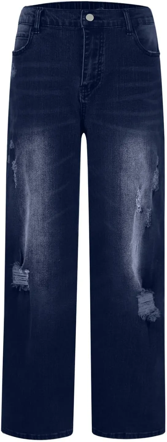 Women Distressed Straight Leg Jeans Boyfriend High Waited Baggy Sweatpants Y2K Streetwear Denim Pants with Pocket