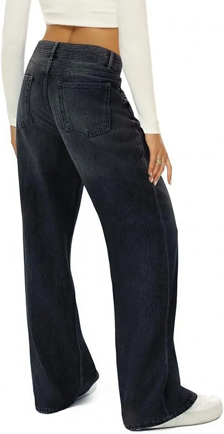 Women Distressed Straight Leg Jeans Boyfriend High Waited Baggy Sweatpants Y2K Streetwear Denim Pants with Pocket