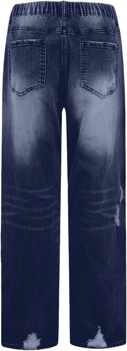 Women Distressed Straight Leg Jeans Boyfriend High Waited Baggy Sweatpants Y2K Streetwear Denim Pants with Pocket