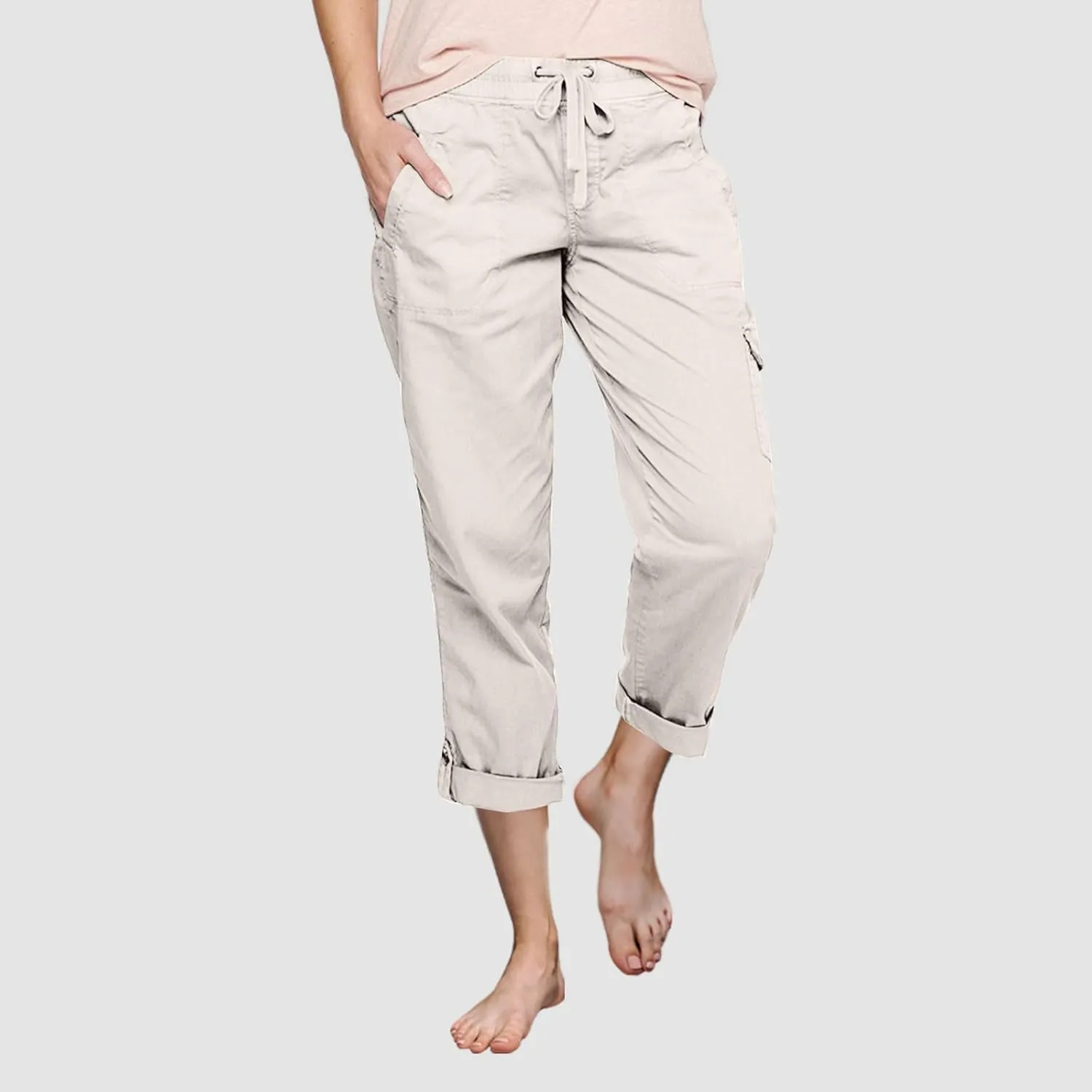 Women Fashion Elastic High Waist Pants with Pockets Trousers Outdoor Casual Sports Loose Cargo Pants