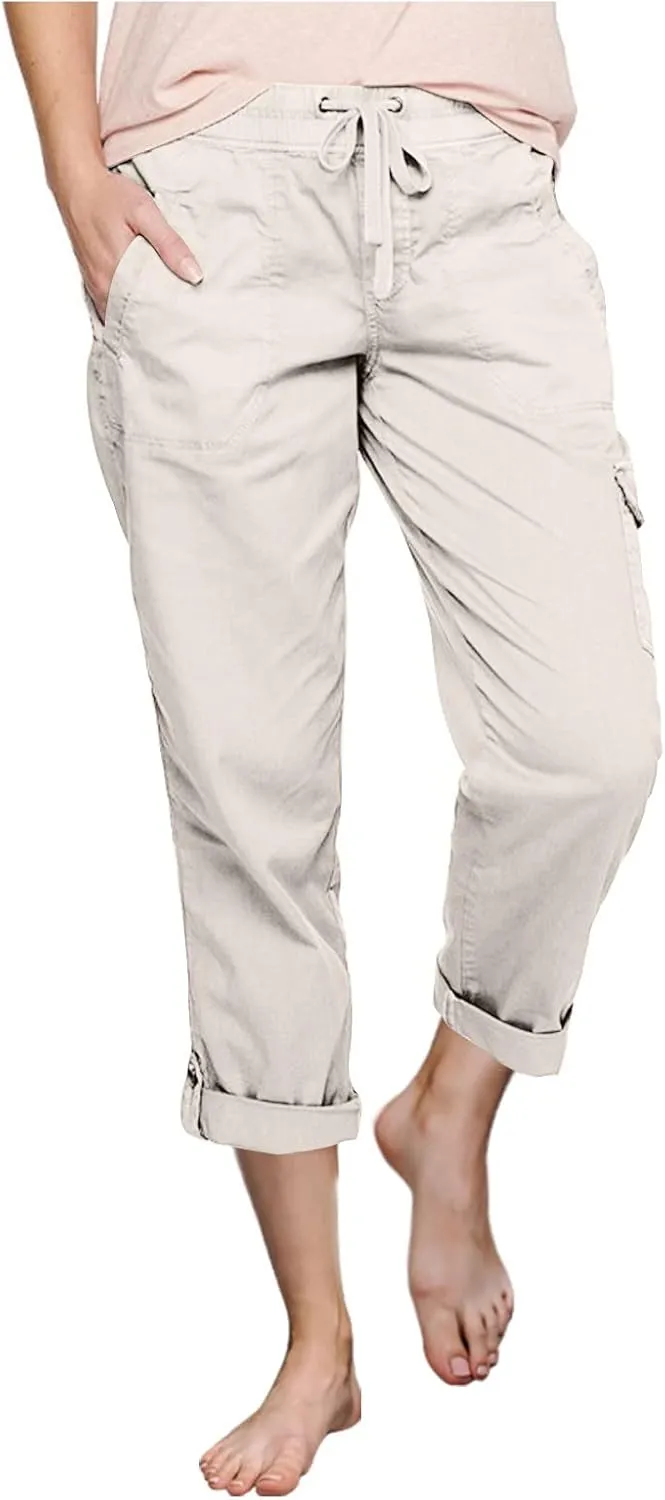Women Fashion Elastic High Waist Pants with Pockets Trousers Outdoor Casual Sports Loose Cargo Pants