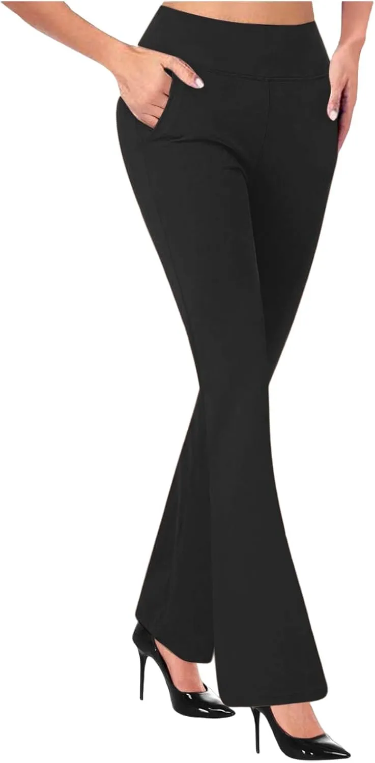 Women High Waist Yoga Pants Tummy Control Stretchy Straight Pant Comfy Business Trouser Workout Gym Legging Pockets