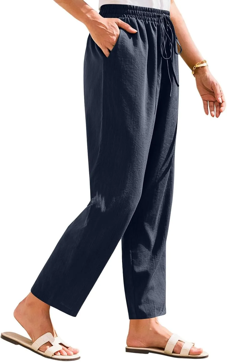 Women Linen Pants Summer Drawstring High Waisted Cropped Straight Leg Pants Casual Ankle Beach Trousers with Pockets