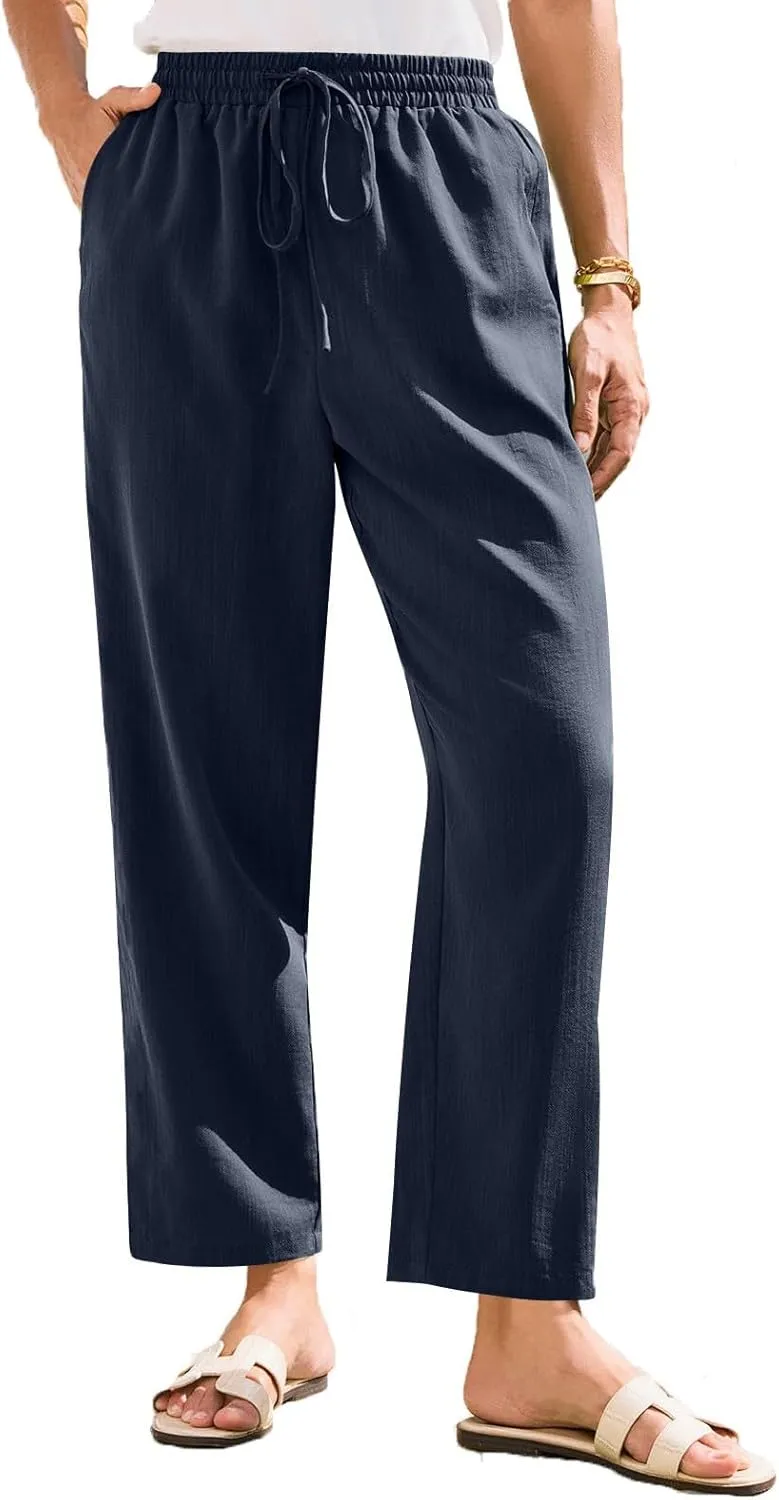 Women Linen Pants Summer Drawstring High Waisted Cropped Straight Leg Pants Casual Ankle Beach Trousers with Pockets