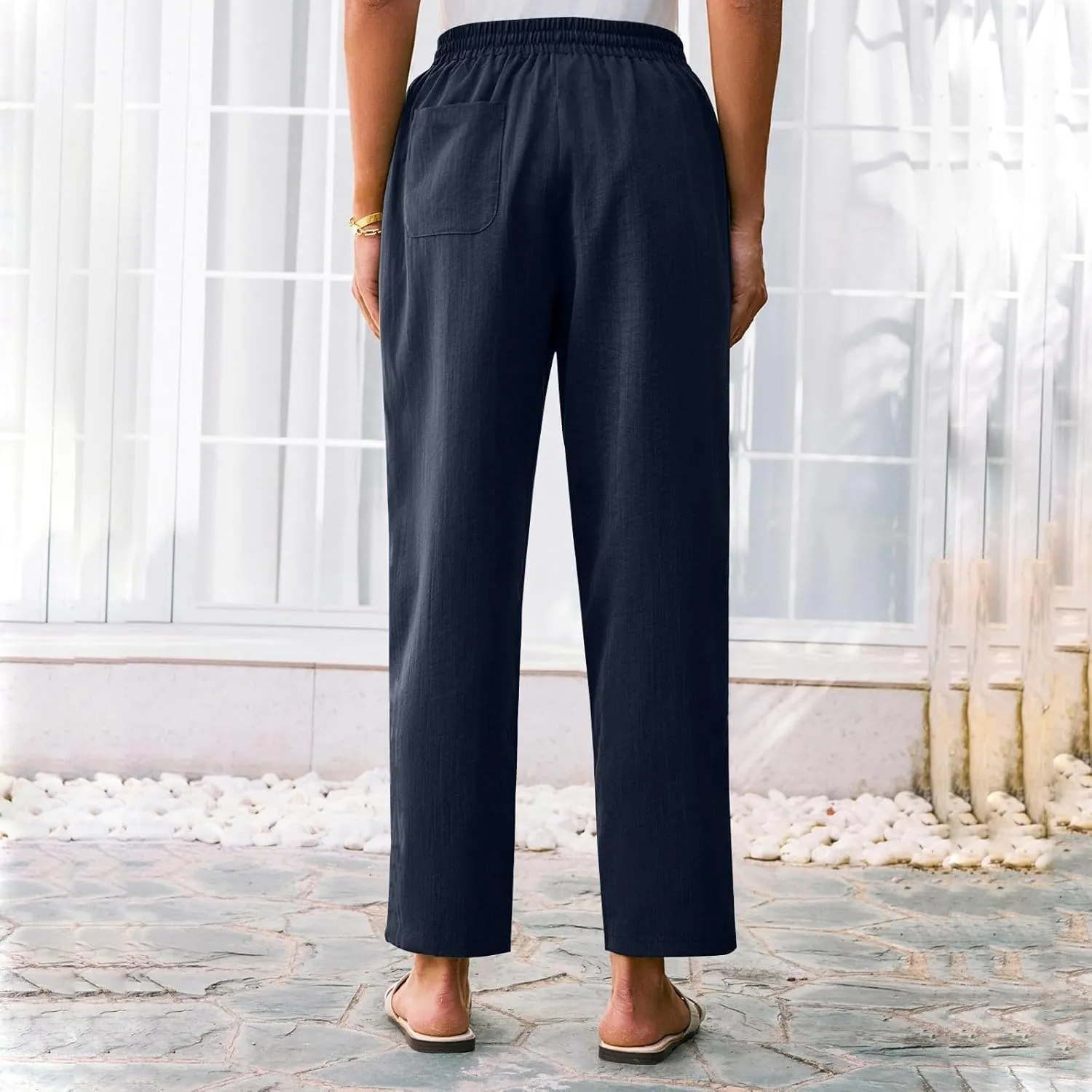Women Linen Pants Summer Drawstring High Waisted Cropped Straight Leg Pants Casual Ankle Beach Trousers with Pockets