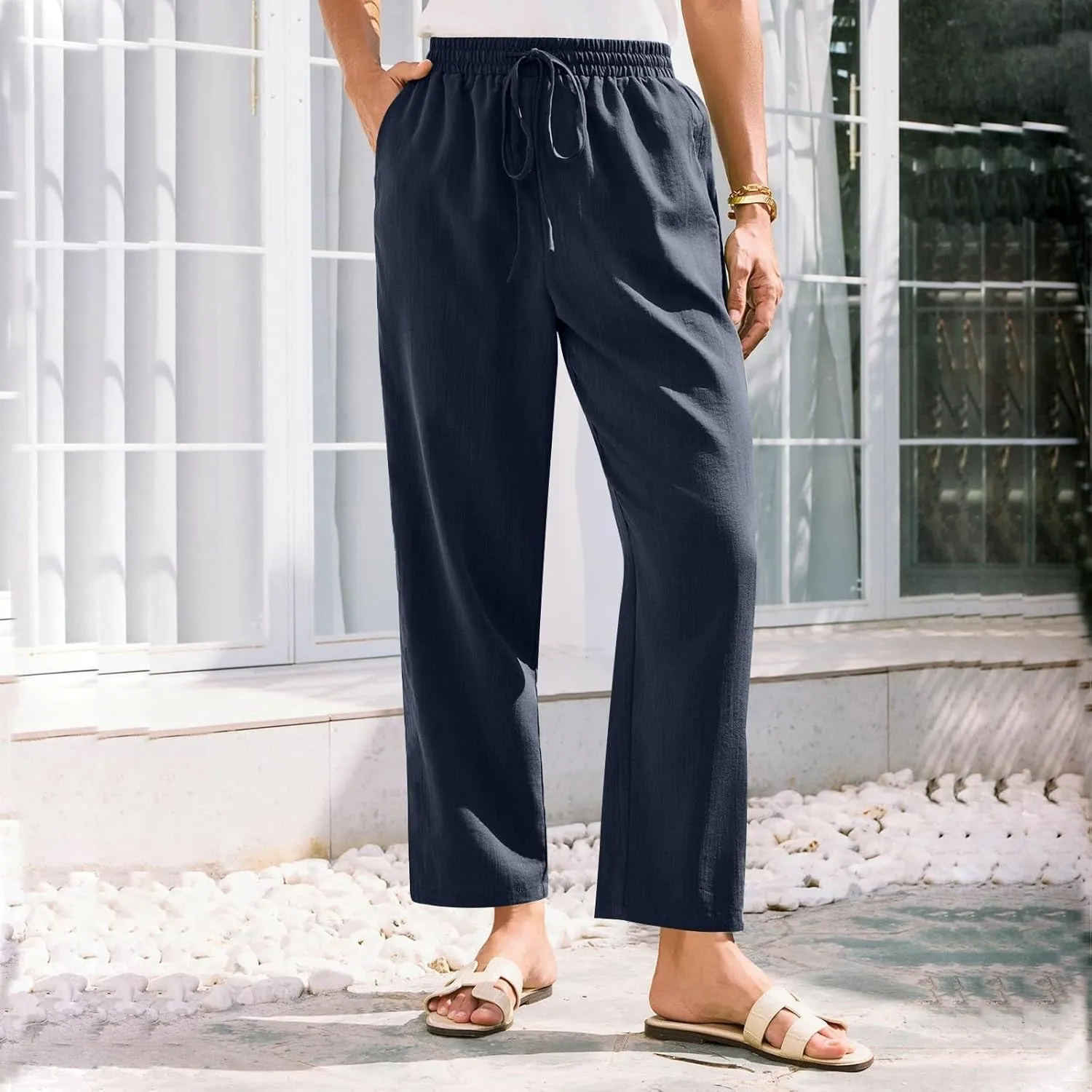 Women Linen Pants Summer Drawstring High Waisted Cropped Straight Leg Pants Casual Ankle Beach Trousers with Pockets