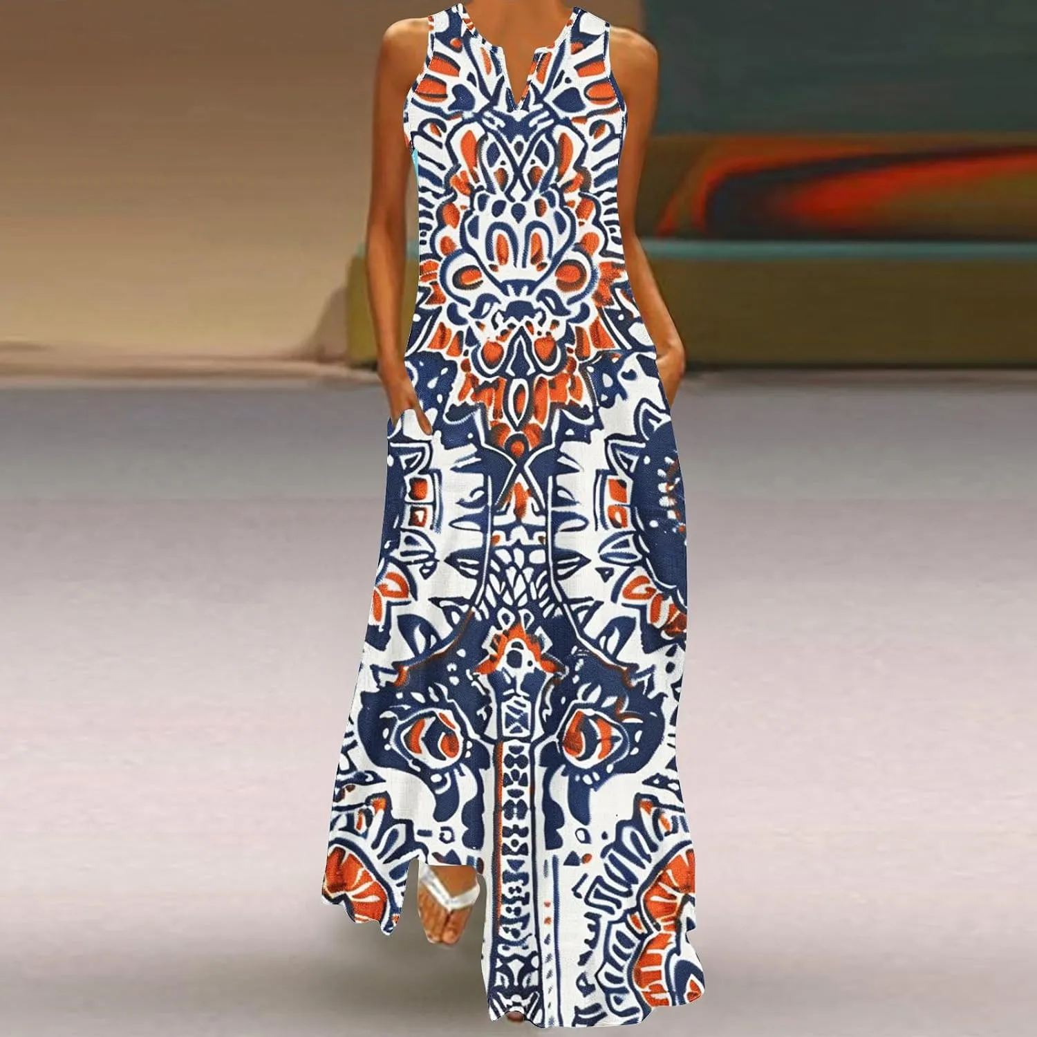 Women Loose Flowy Long Dresses Casual Printed Tank Dress Beach V-Neck Pocket Sundress Sleeveless Floor Length Dress