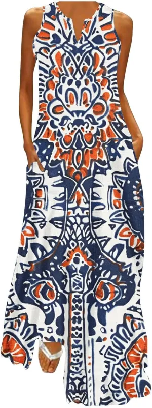 Women Loose Flowy Long Dresses Casual Printed Tank Dress Beach V-Neck Pocket Sundress Sleeveless Floor Length Dress