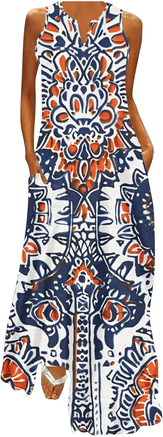 Women Loose Flowy Long Dresses Casual Printed Tank Dress Beach V-Neck Pocket Sundress Sleeveless Floor Length Dress