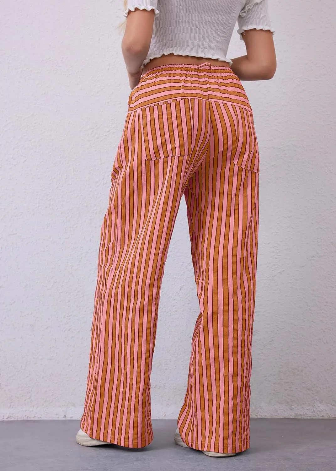 Women Loose Striped Wide Leg Pants Casual Drawstring Low Waist Pants Baggy Contrast Lounge Pants Straight Leg Trouser
