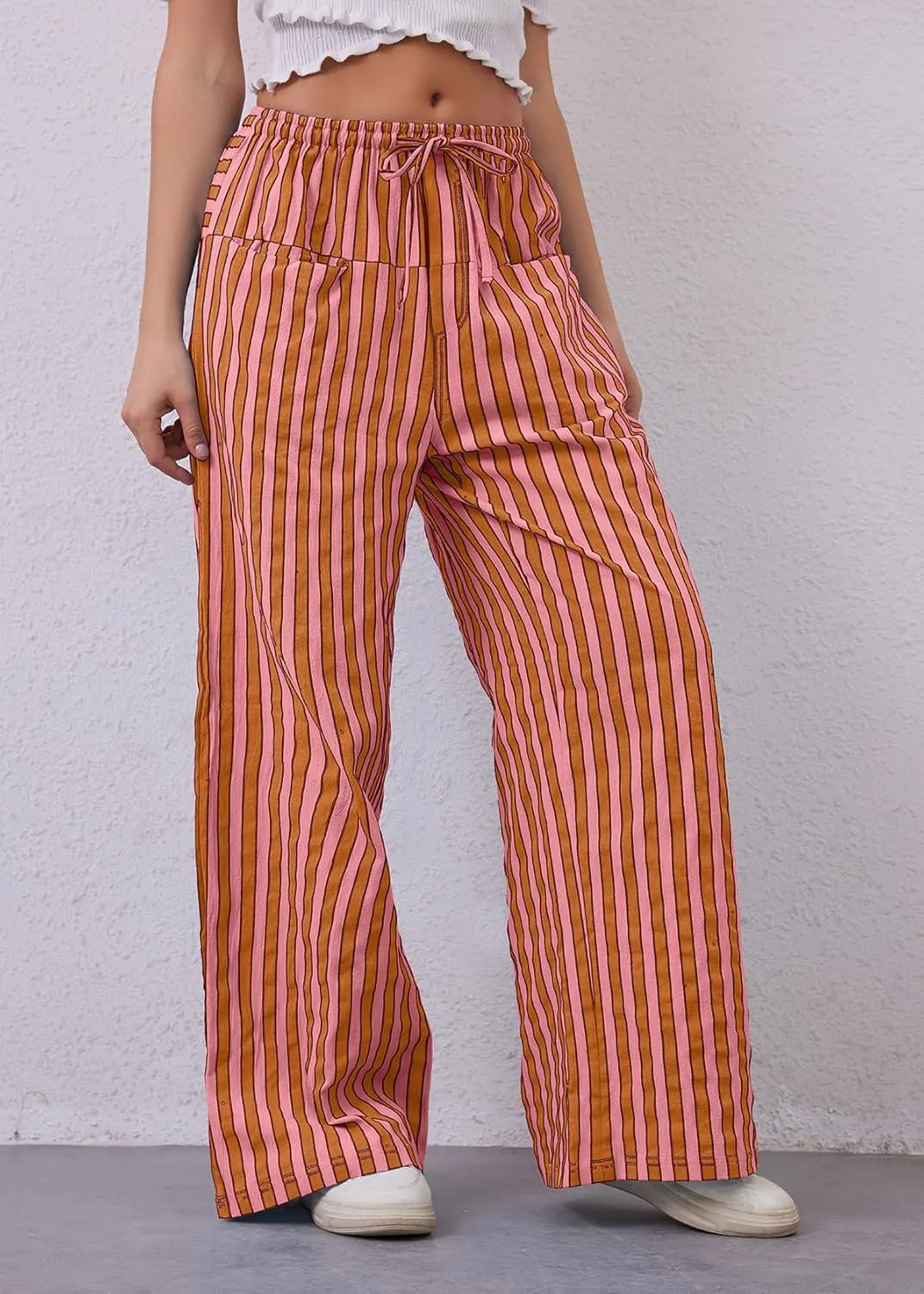 Women Loose Striped Wide Leg Pants Casual Drawstring Low Waist Pants Baggy Contrast Lounge Pants Straight Leg Trouser