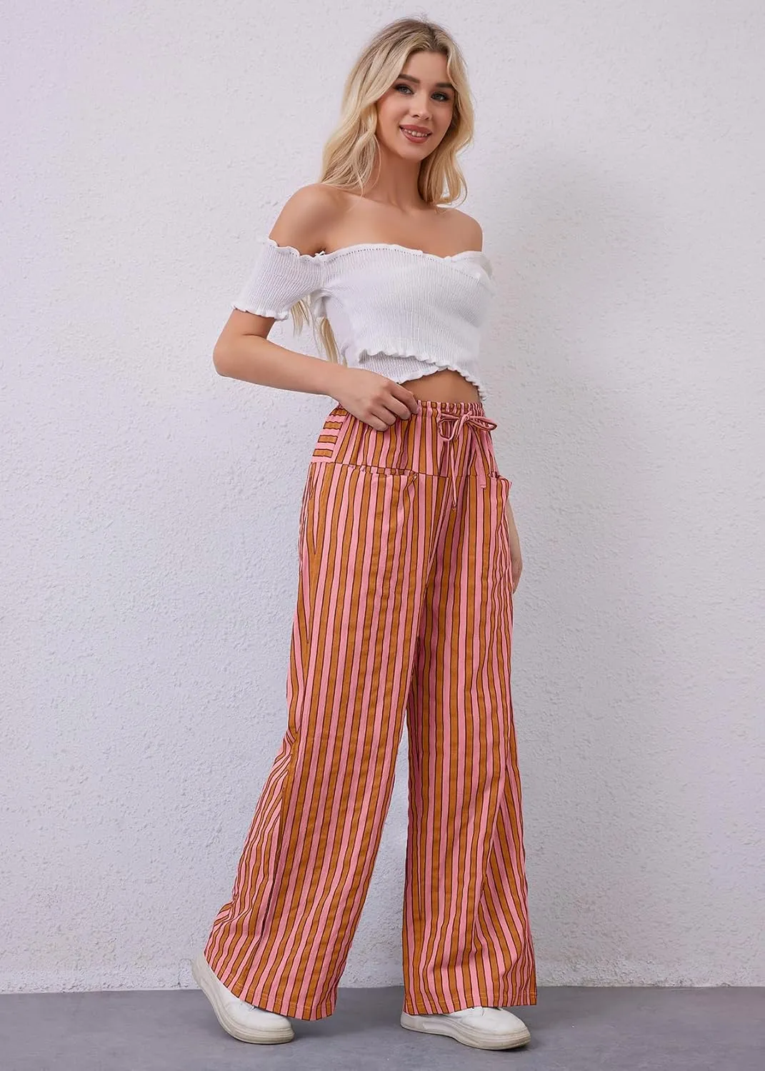 Women Loose Striped Wide Leg Pants Casual Drawstring Low Waist Pants Baggy Contrast Lounge Pants Straight Leg Trouser