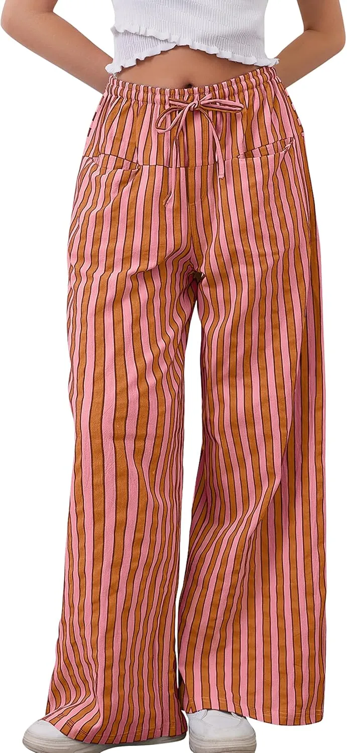 Women Loose Striped Wide Leg Pants Casual Drawstring Low Waist Pants Baggy Contrast Lounge Pants Straight Leg Trouser