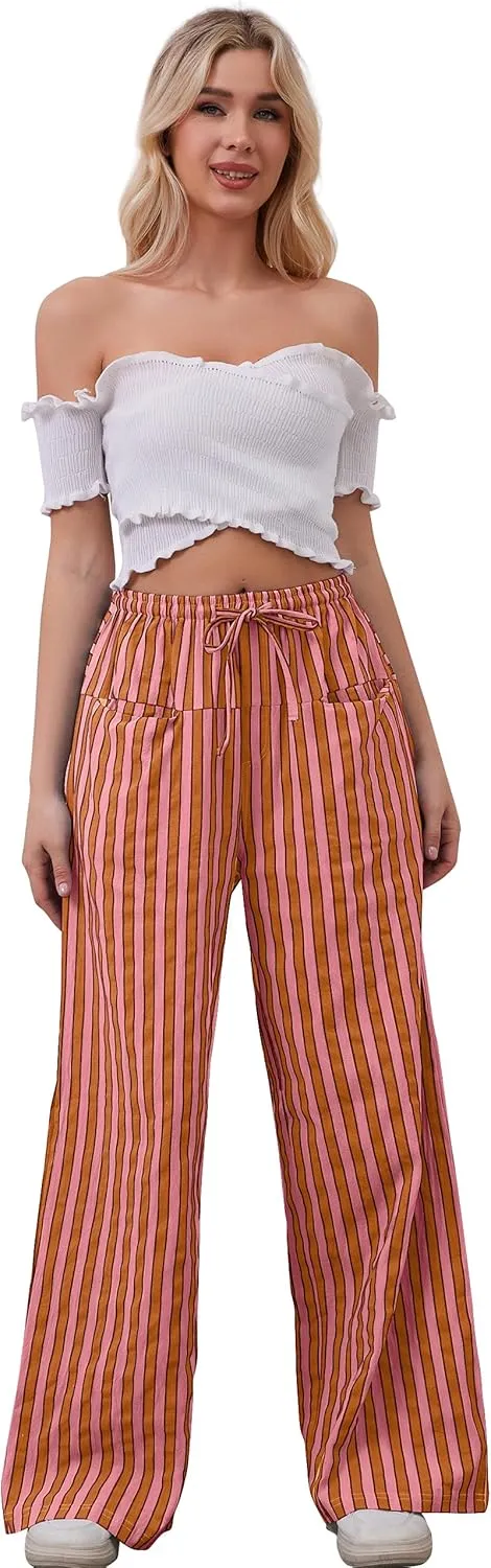 Women Loose Striped Wide Leg Pants Casual Drawstring Low Waist Pants Baggy Contrast Lounge Pants Straight Leg Trouser
