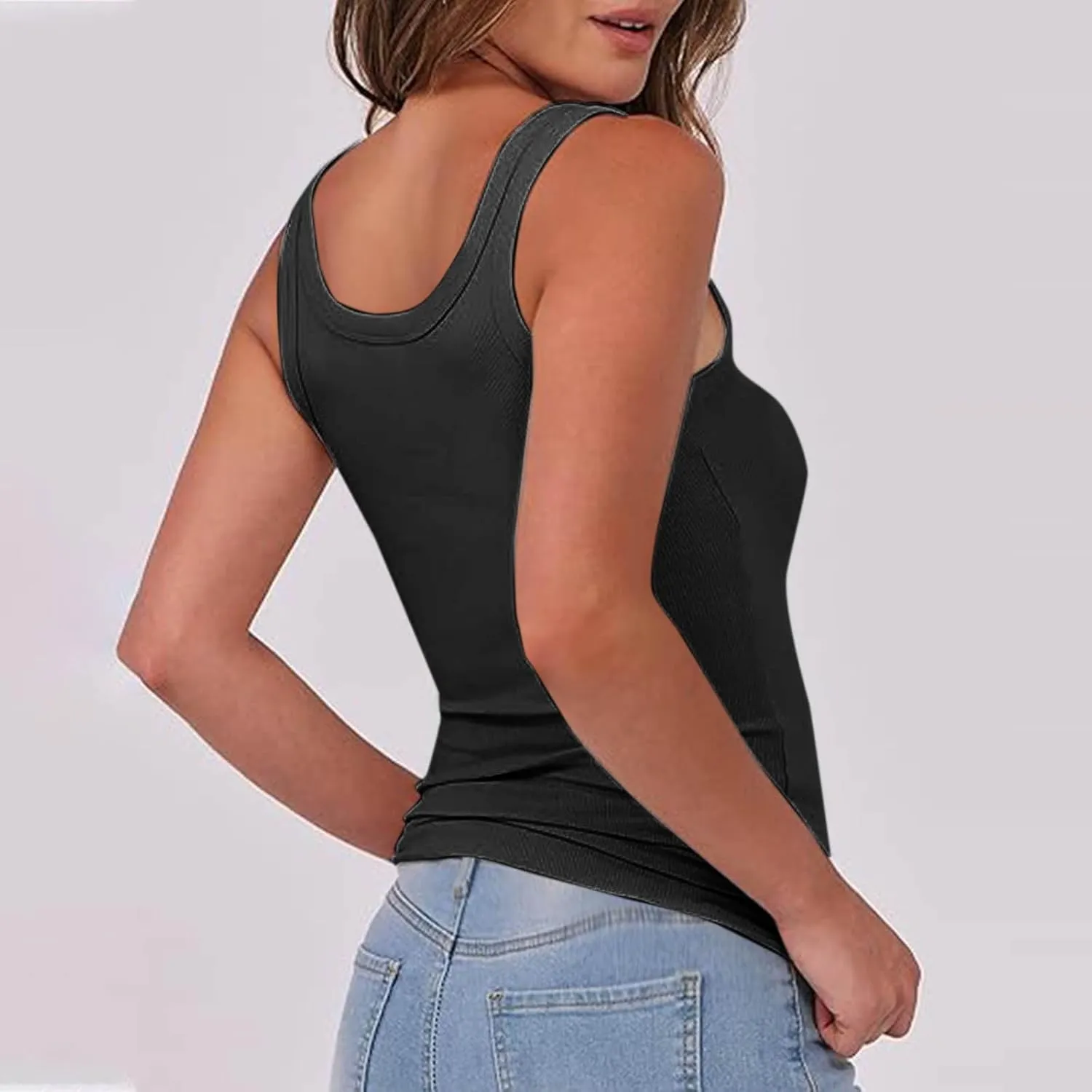 Women Pleated Front Ribbed Tank Tops Summer Square Neck Sleeveless T-Shirt Casual Slim Fit Yoga Workout Tanks Blouse