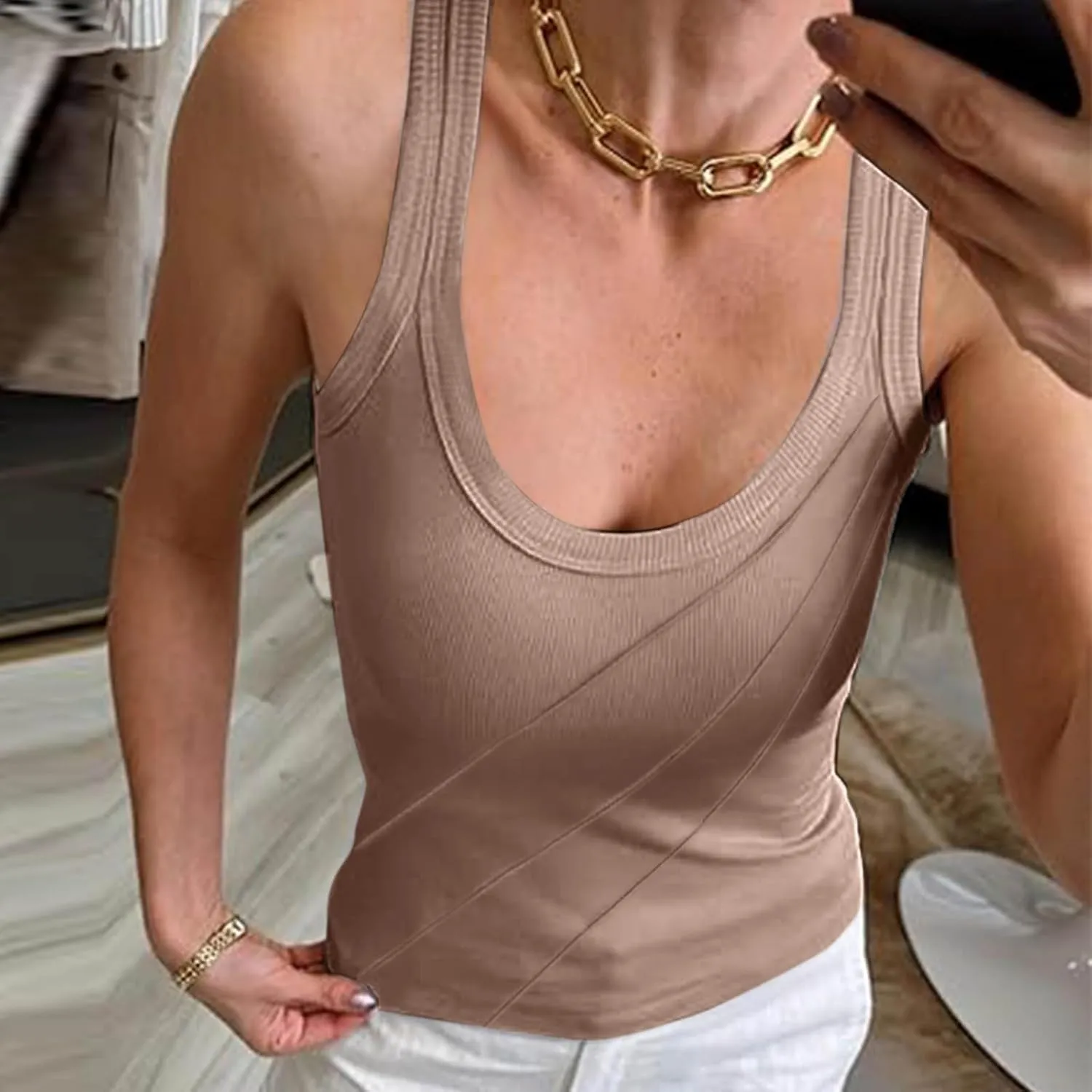 Women Pleated Front Ribbed Tank Tops Summer Square Neck Sleeveless T-Shirt Casual Slim Fit Yoga Workout Tanks Blouse
