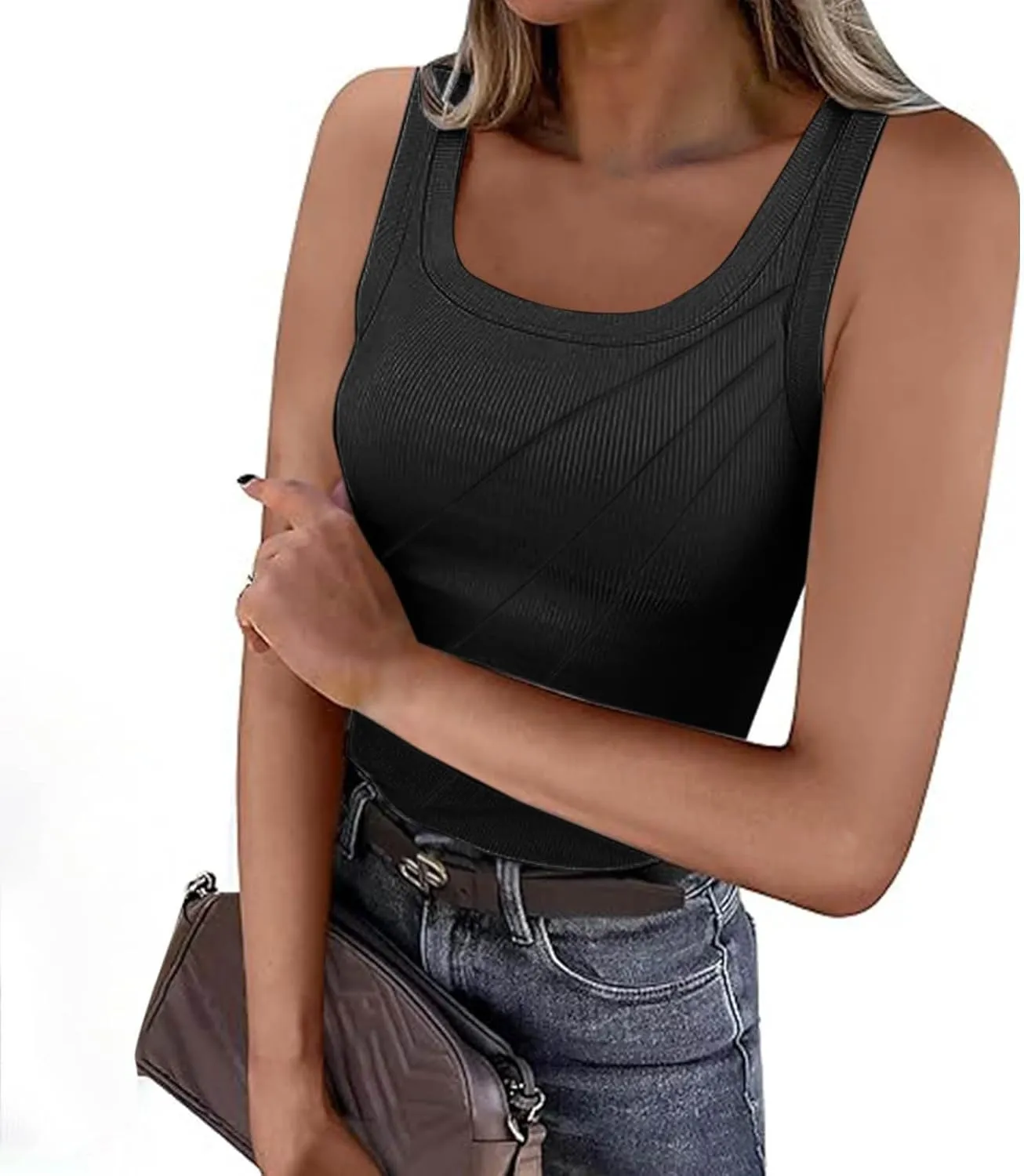 Women Pleated Front Ribbed Tank Tops Summer Square Neck Sleeveless T-Shirt Casual Slim Fit Yoga Workout Tanks Blouse