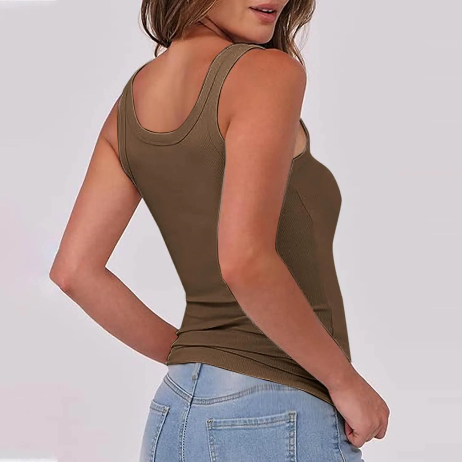 Women Pleated Front Ribbed Tank Tops Summer Square Neck Sleeveless T-Shirt Casual Slim Fit Yoga Workout Tanks Blouse