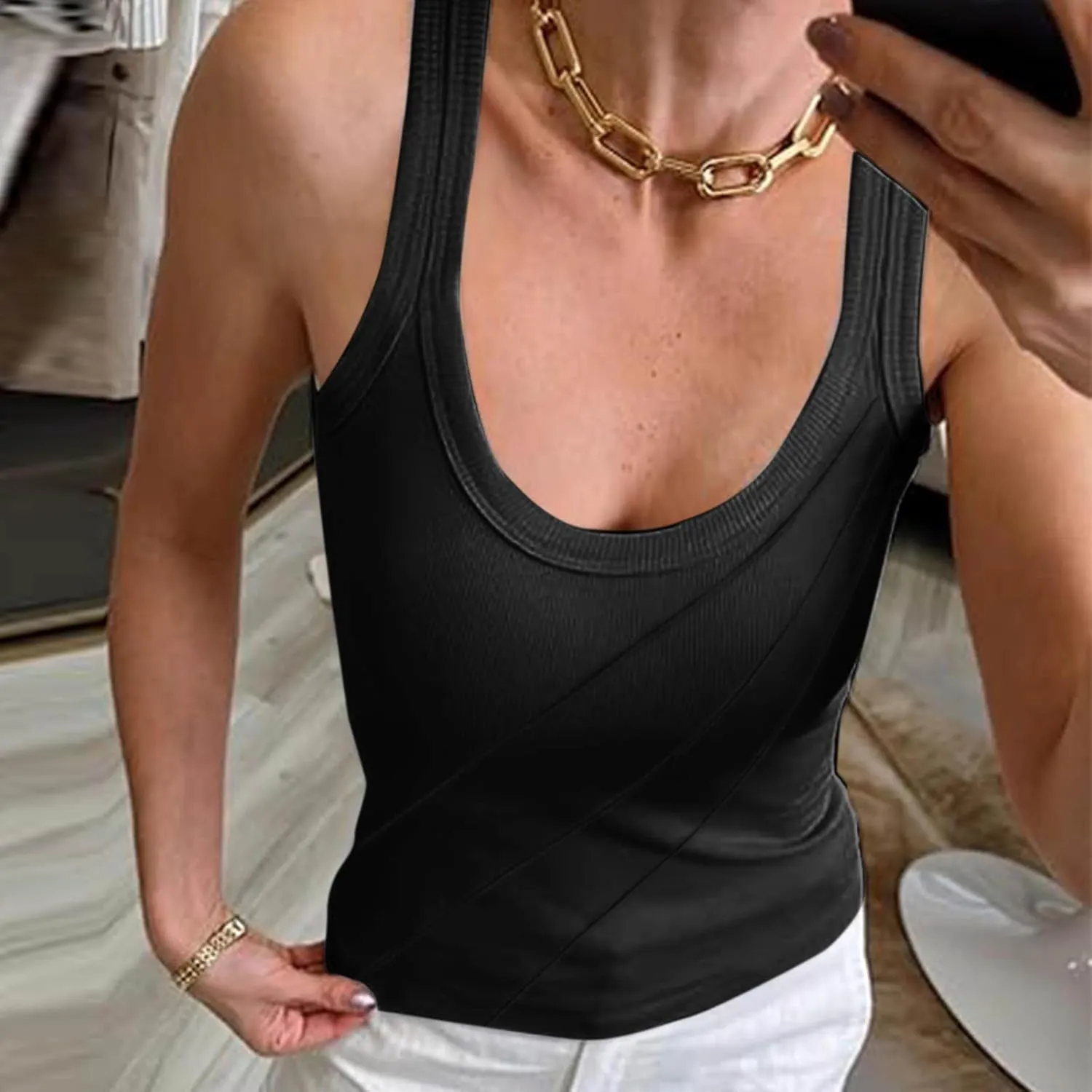 Women Pleated Front Ribbed Tank Tops Summer Square Neck Sleeveless T-Shirt Casual Slim Fit Yoga Workout Tanks Blouse