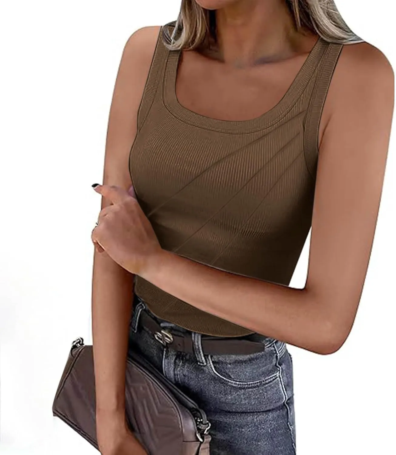 Women Pleated Front Ribbed Tank Tops Summer Square Neck Sleeveless T-Shirt Casual Slim Fit Yoga Workout Tanks Blouse