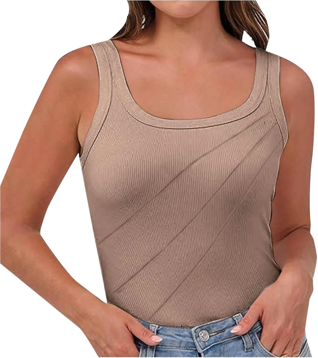 Women Pleated Front Ribbed Tank Tops Summer Square Neck Sleeveless T-Shirt Casual Slim Fit Yoga Workout Tanks Blouse