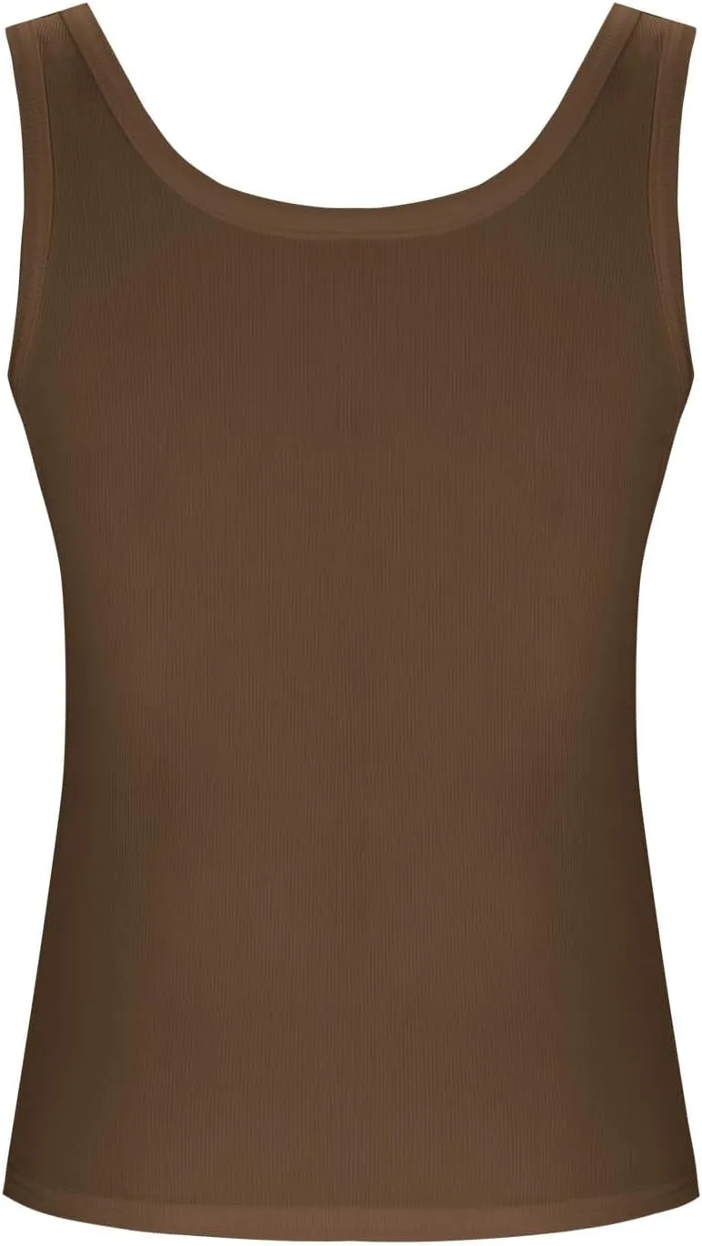 Women Pleated Front Ribbed Tank Tops Summer Square Neck Sleeveless T-Shirt Casual Slim Fit Yoga Workout Tanks Blouse