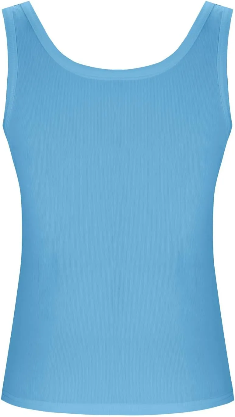 Women Pleated Front Ribbed Tank Tops Summer Square Neck Sleeveless T-Shirt Casual Slim Fit Yoga Workout Tanks Blouse