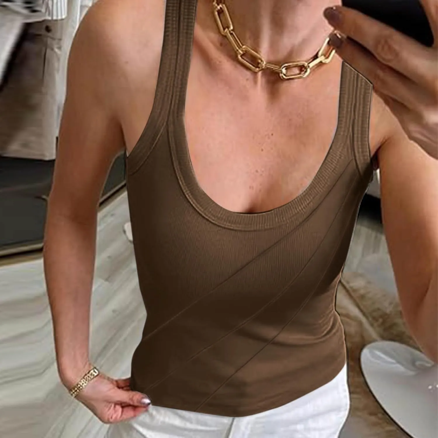 Women Pleated Front Ribbed Tank Tops Summer Square Neck Sleeveless T-Shirt Casual Slim Fit Yoga Workout Tanks Blouse
