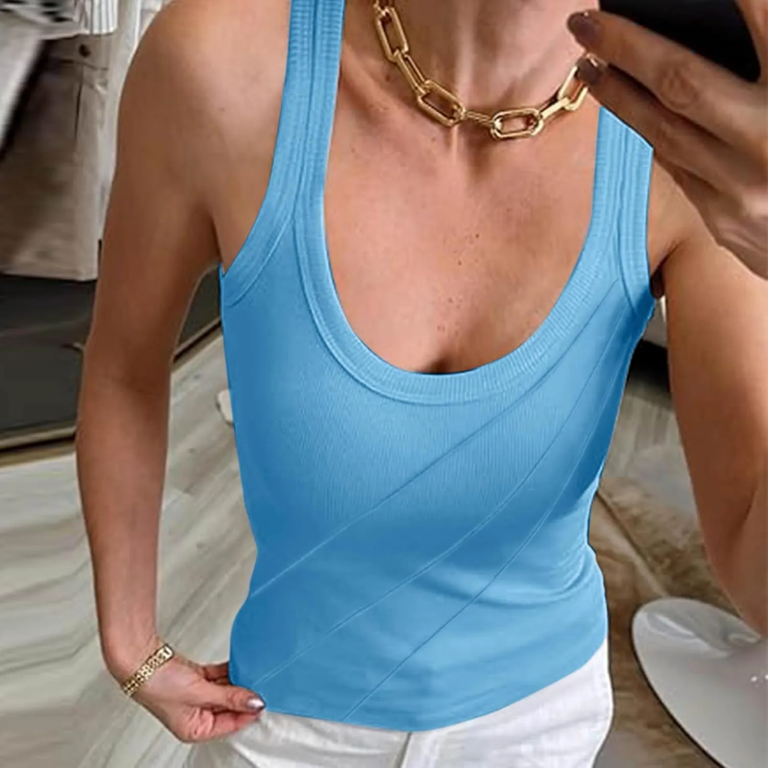 Women Pleated Front Ribbed Tank Tops Summer Square Neck Sleeveless T-Shirt Casual Slim Fit Yoga Workout Tanks Blouse