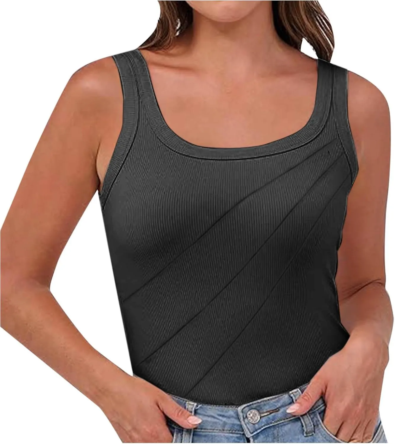 Women Pleated Front Ribbed Tank Tops Summer Square Neck Sleeveless T-Shirt Casual Slim Fit Yoga Workout Tanks Blouse