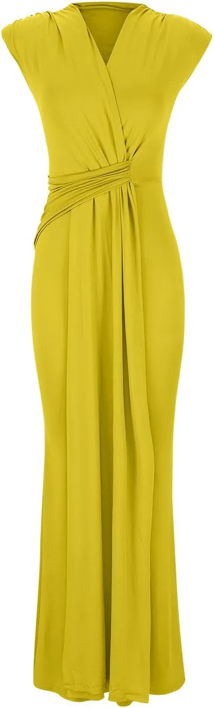 Women Sexy Deep V Sleeveless Dress Cocktail Gown Solid Wrap Long Dresses Shoulder Padded Elegant Evening Dress