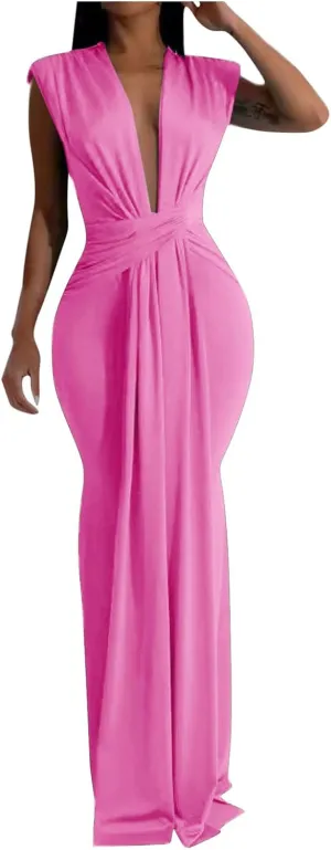 Women Sexy Deep V Sleeveless Dress Cocktail Gown Solid Wrap Long Dresses Shoulder Padded Elegant Evening Dress