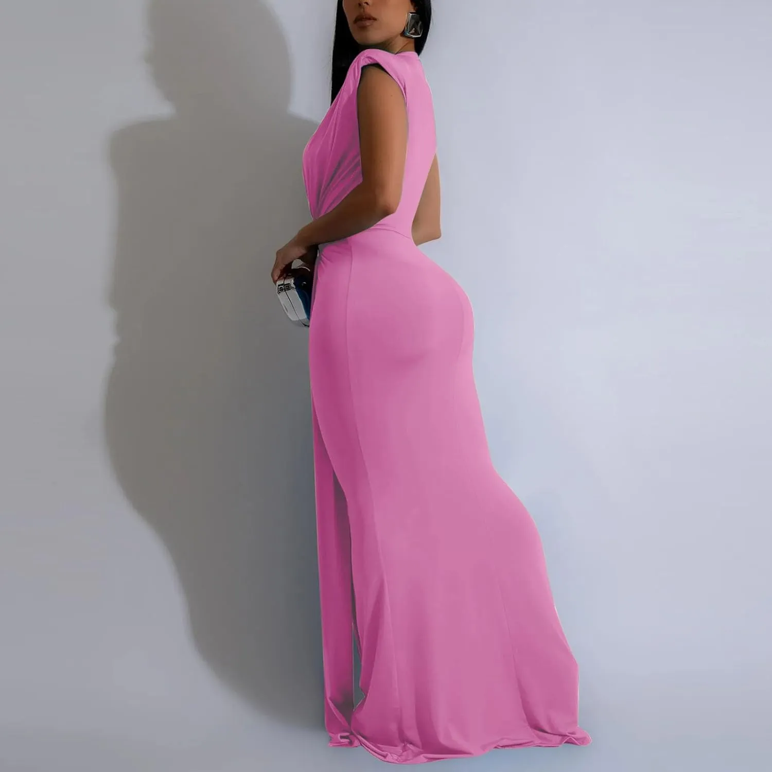 Women Sexy Deep V Sleeveless Dress Cocktail Gown Solid Wrap Long Dresses Shoulder Padded Elegant Evening Dress