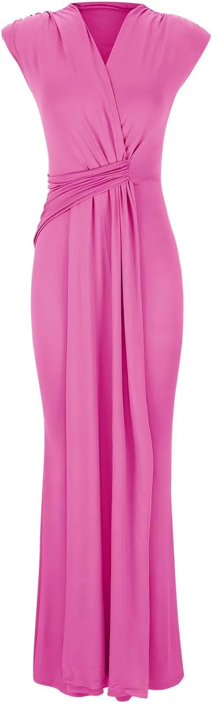 Women Sexy Deep V Sleeveless Dress Cocktail Gown Solid Wrap Long Dresses Shoulder Padded Elegant Evening Dress